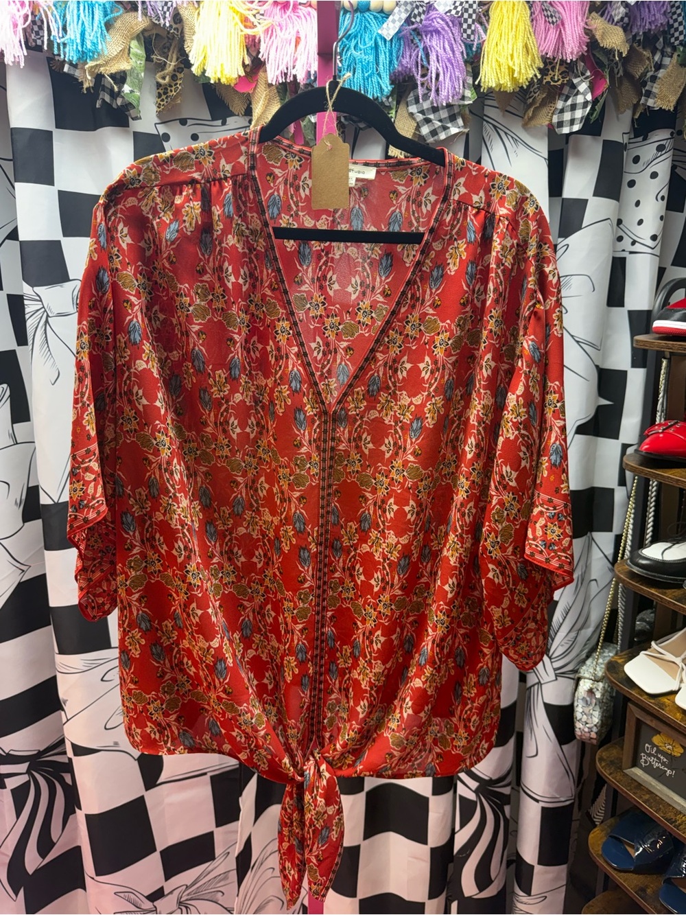 Max Studio Bohemian Red Floral Tie-Front Women's Blouse